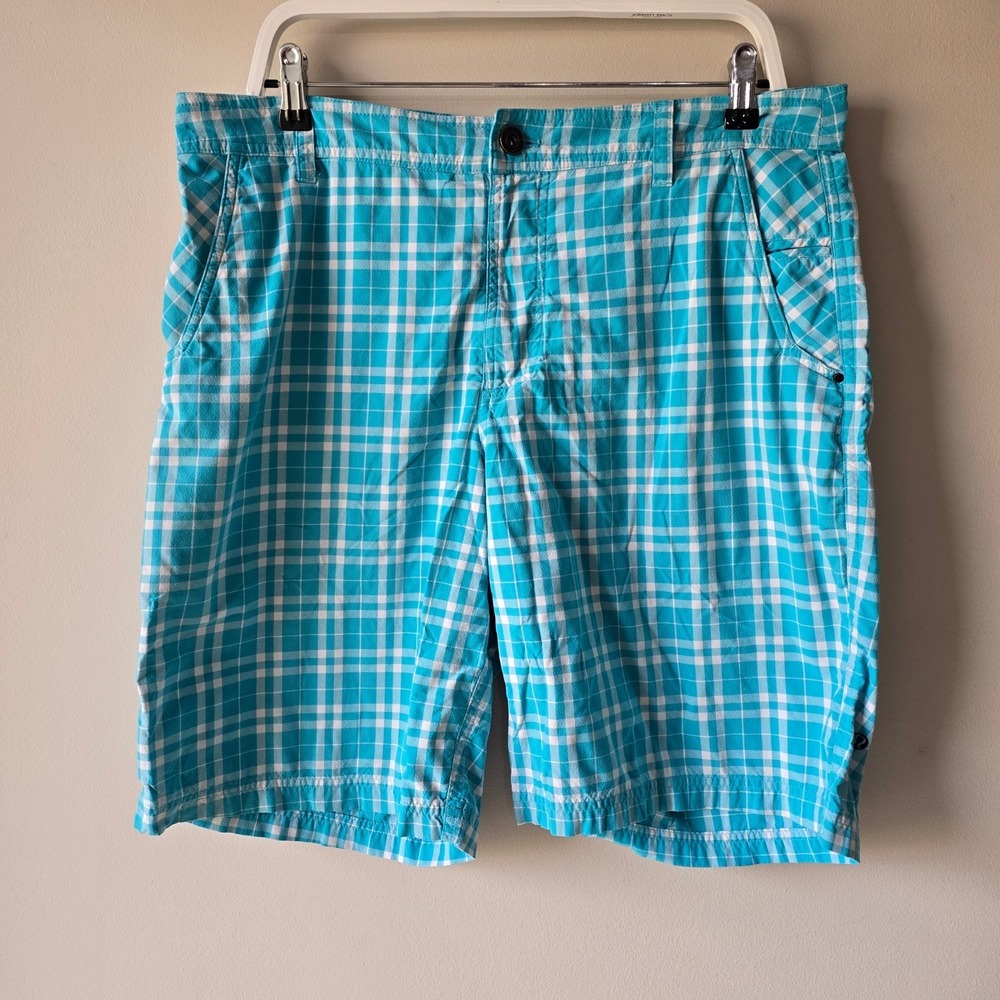 Lululemon Mens Kahuna Shorts Teal Blue White Plaid Check Size 36 Golf‎ Casual